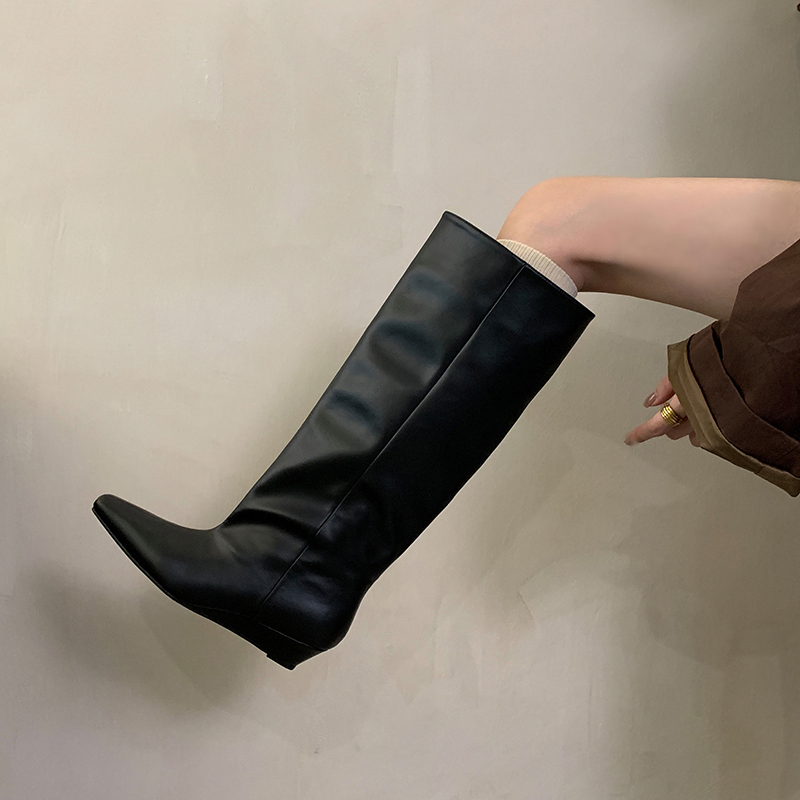 2024 Autumn Simple Elegance Slope Heel High Boots Fashion Square Toe Riding Boots Comfortable Pull-On Boots - Image 3