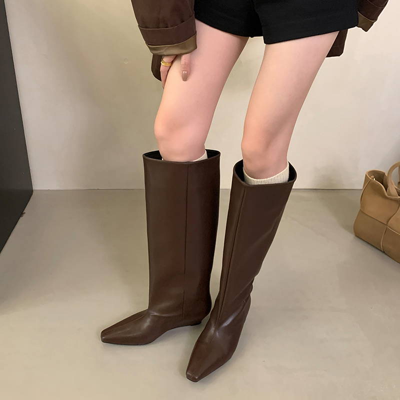 2024 Autumn Simple Elegance Slope Heel High Boots Fashion Square Toe Riding Boots Comfortable Pull-On Boots - Image 4