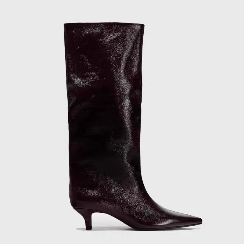 2024 Autumn Winter New Crimson Textured Patent Leather High Boots Pointed Toe Kitten Heel Over Knee Wide Calf Boots