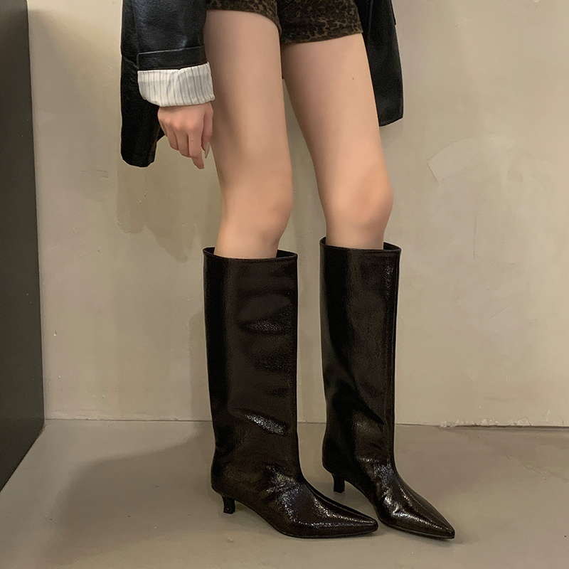 2024 Autumn Winter New Crimson Textured Patent Leather High Boots Pointed Toe Kitten Heel Over Knee Wide Calf Boots - Image 3