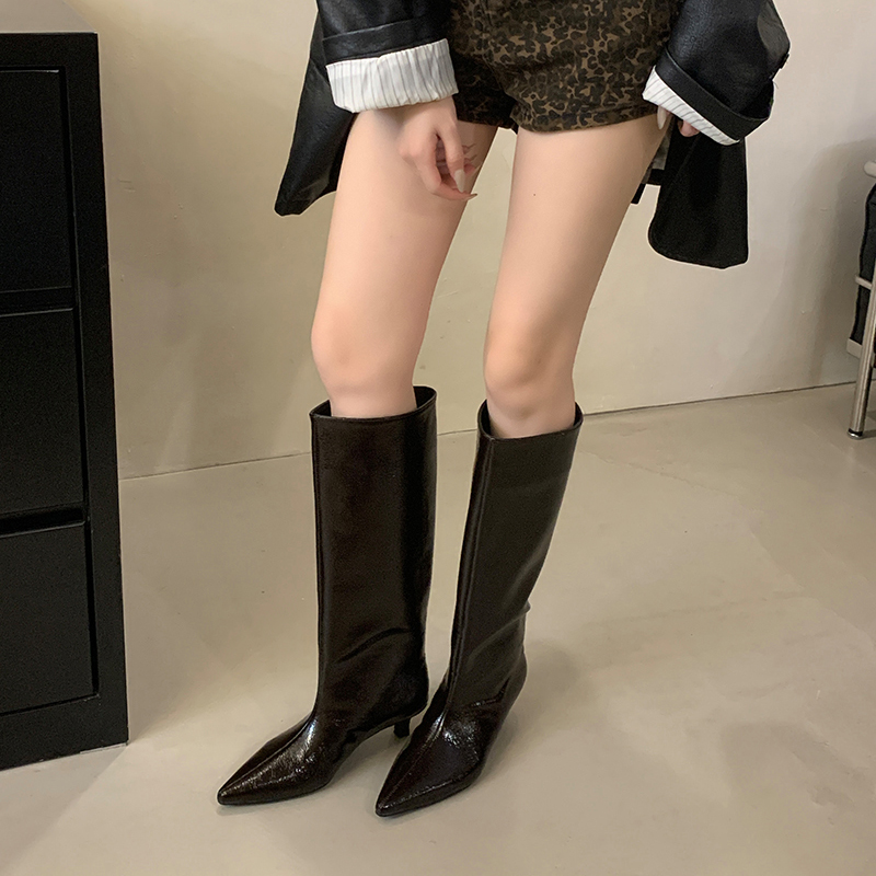 2024 Autumn Winter New Crimson Textured Patent Leather High Boots Pointed Toe Kitten Heel Over Knee Wide Calf Boots - Image 4