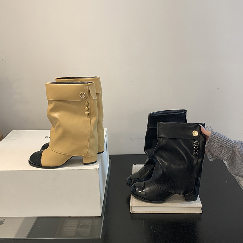 2024 Fashion Versatile Chunky Heel Knight Boots Elegant Two-Tone Short Boots Comfortable Sleeve Tube Boots
