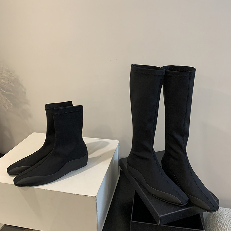 2024 New Autumn Simple Elegant Inner Height Increase Boots Fashion Square Toe Solid Color Stretch Boots Comfortable Versatile Slim Boots