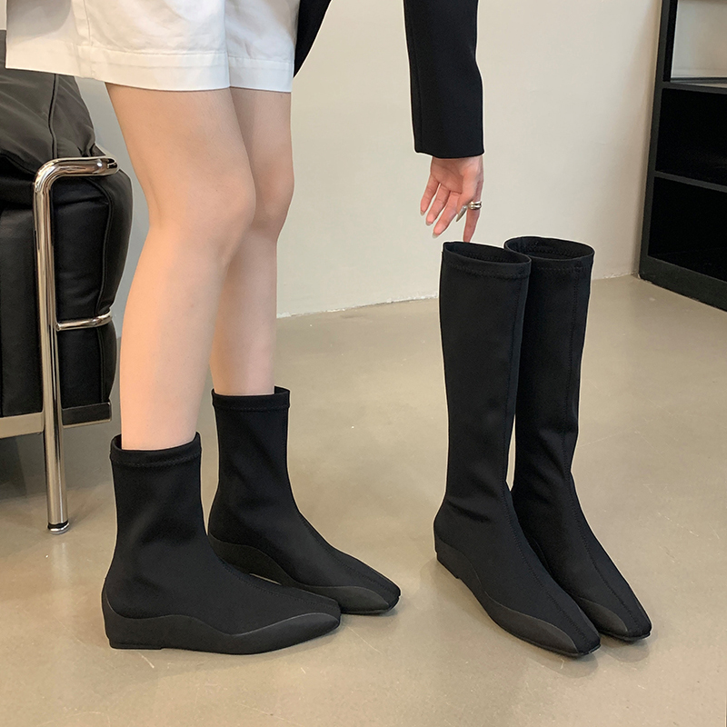 2024 New Autumn Simple Elegant Inner Height Increase Boots Fashion Square Toe Solid Color Stretch Boots Comfortable Versatile Slim Boots - Image 2