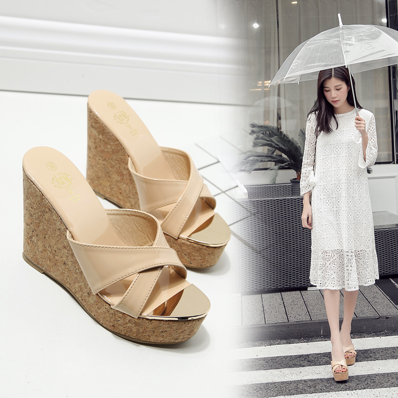 2025 New Fashion Iron Head One-Strap Cross Strap Shiny Leather Wedge High Heel Women's Shoes 888-18 9 11 13cm - Image 4