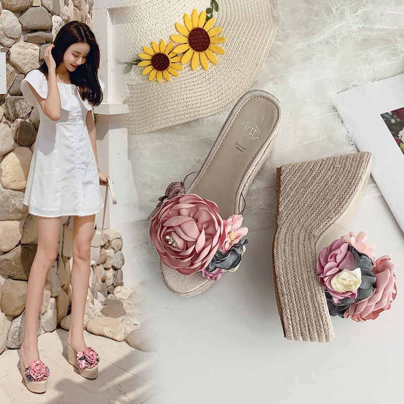 2026 New Summer Beach Sandals Sweet Transparent Flower Wedge High Heel Slippers Women 34-40 - Image 3