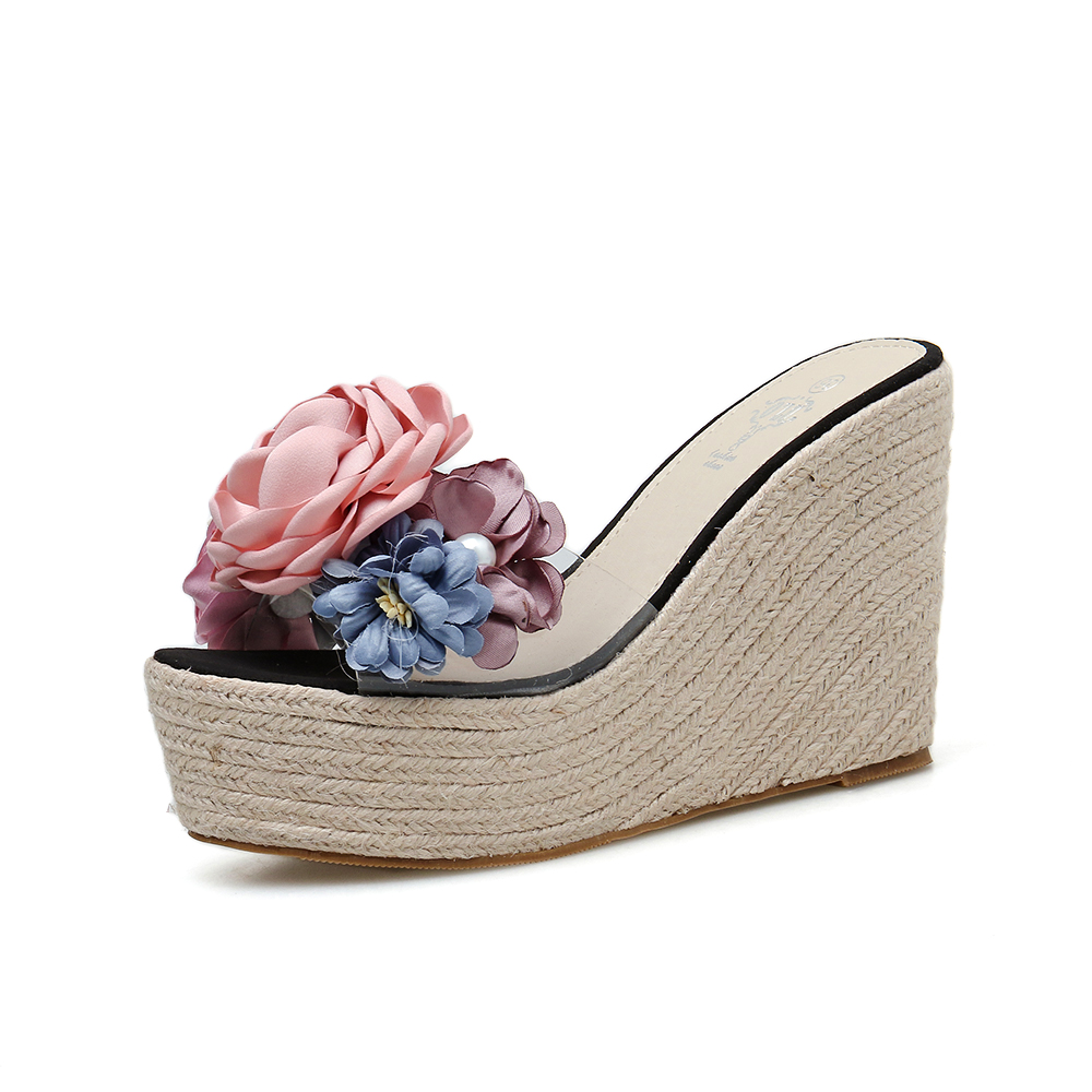 2026 New Summer Beach Sandals Sweet Transparent Flower Wedge High Heel Slippers Women 34-40 - Image 5