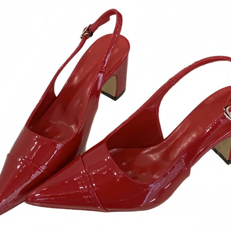 Chanel Style Pointed Toe Chunky Heel Shoes 2026 Early Spring New Simple Versatile French Patent Leather Closed Toe Ankle Strap Sandals Women - Image 5