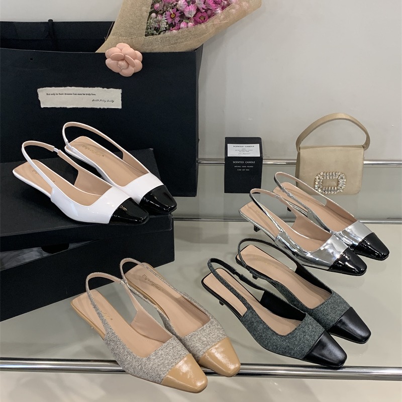 Chanel Style Spring Women Square Toe Low Heel Open Back Commuter Sandals