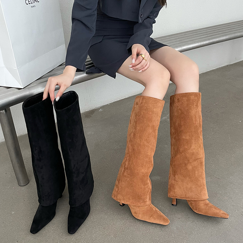 DINGXIANGFAN Women's Fashion High Heel Boots Side Zipper Pointed Toe Stiletto Suede Over Knee Boots