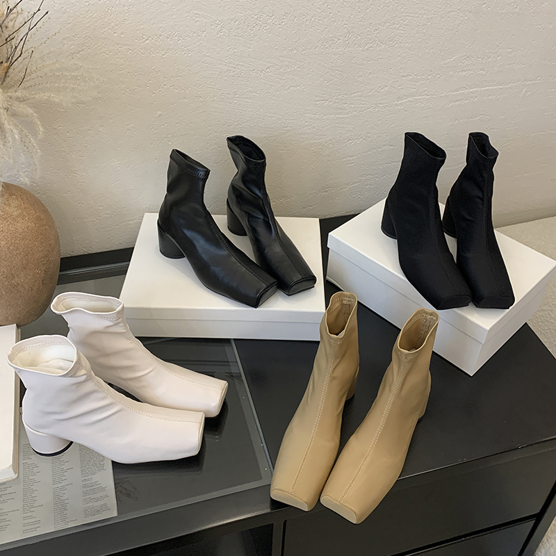 DINGXIANGFAN Women's Square Toe Chunky Heel Stretch Boots - Minimalist Elastic Slim Fit Ankle Boots