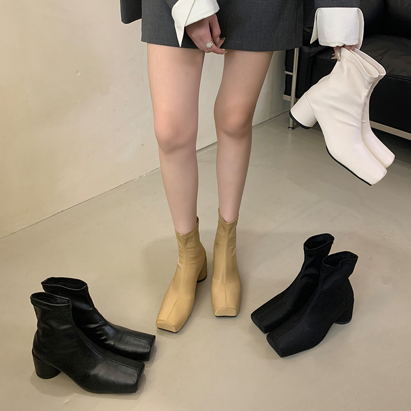 DINGXIANGFAN Women's Square Toe Chunky Heel Stretch Boots - Minimalist Elastic Slim Fit Ankle Boots - Image 2