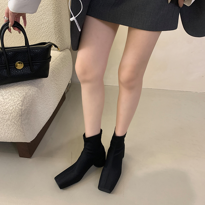 DINGXIANGFAN Women's Square Toe Chunky Heel Stretch Boots - Minimalist Elastic Slim Fit Ankle Boots - Image 3