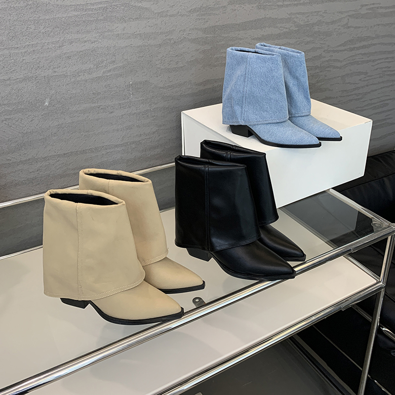 Fashion Pointed Toe Chunky Heel Short Boots 2024 New Trouser Boots Comfortable Mid Heel Western Boots Solid Color Boots Women