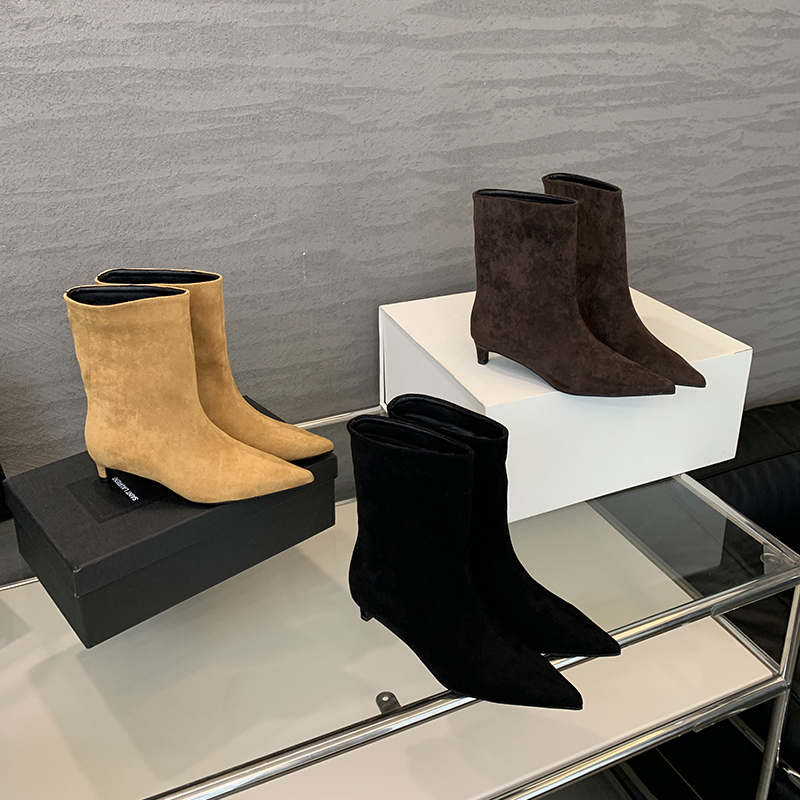Fashion Pointed Toe Short Boots European and American Style Simple Low Heel Suede Boots Solid Color Straight Tube Boots