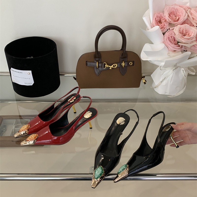 Spring New Metal Pointed Toe Gem French High Heel Women's Sexy Backless Patent Leather Closed Toe Sandals