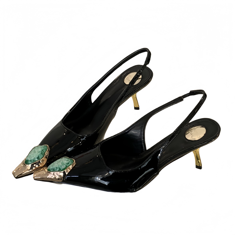 Spring New Metal Pointed Toe Gem French High Heel Women's Sexy Backless Patent Leather Closed Toe Sandals - Image 5