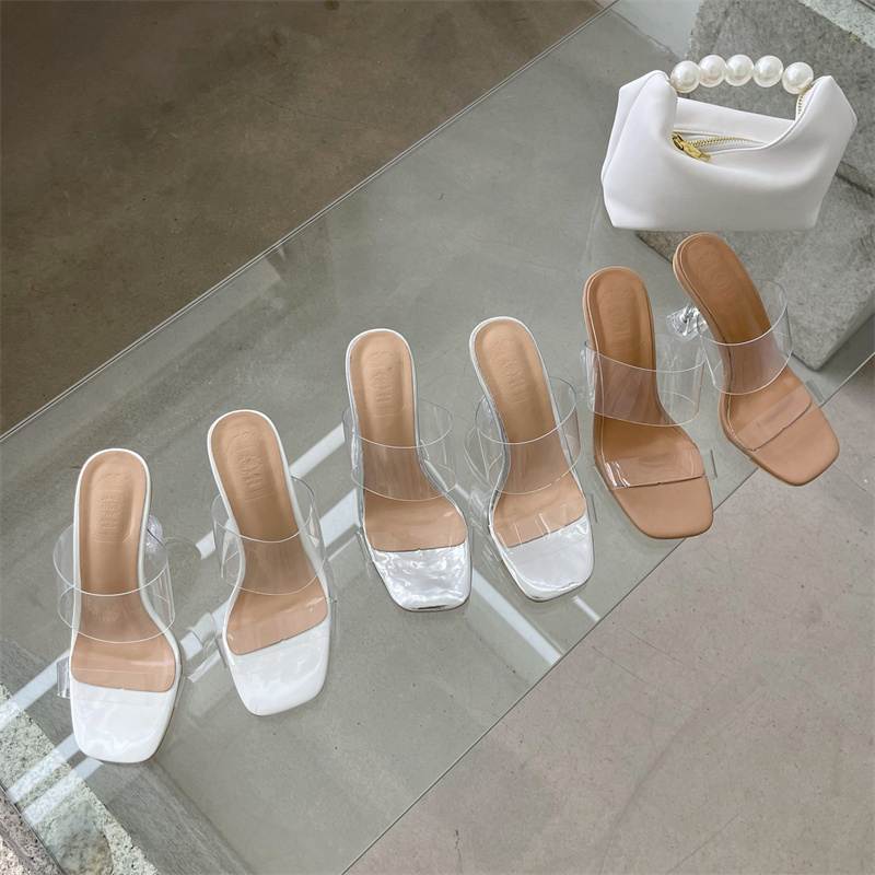 Summer New Square Toe One-Strap Crystal Heel Slippers for Women 8.5cm - Image 3
