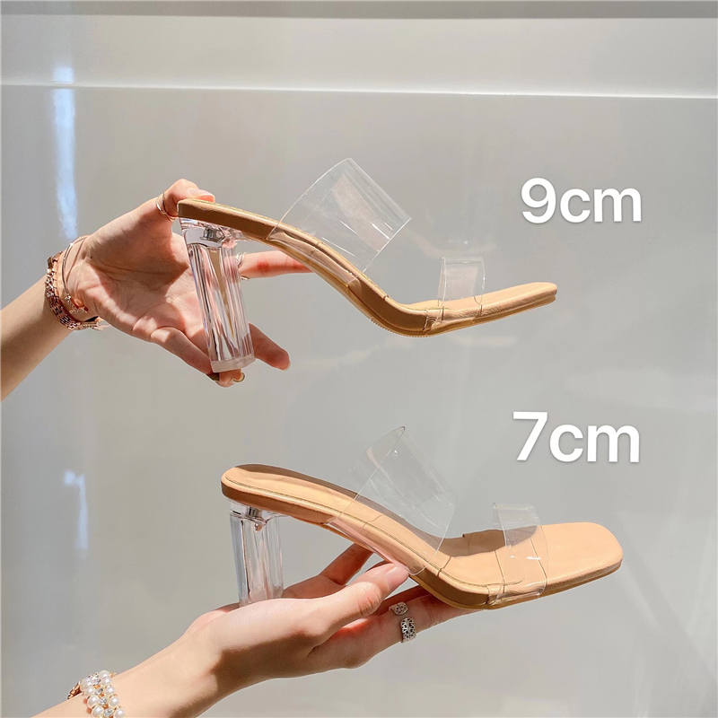 Summer New Style One-Strap Transparent Crystal Chunky Heel Slippers 195-1 9cm 8017 7cm